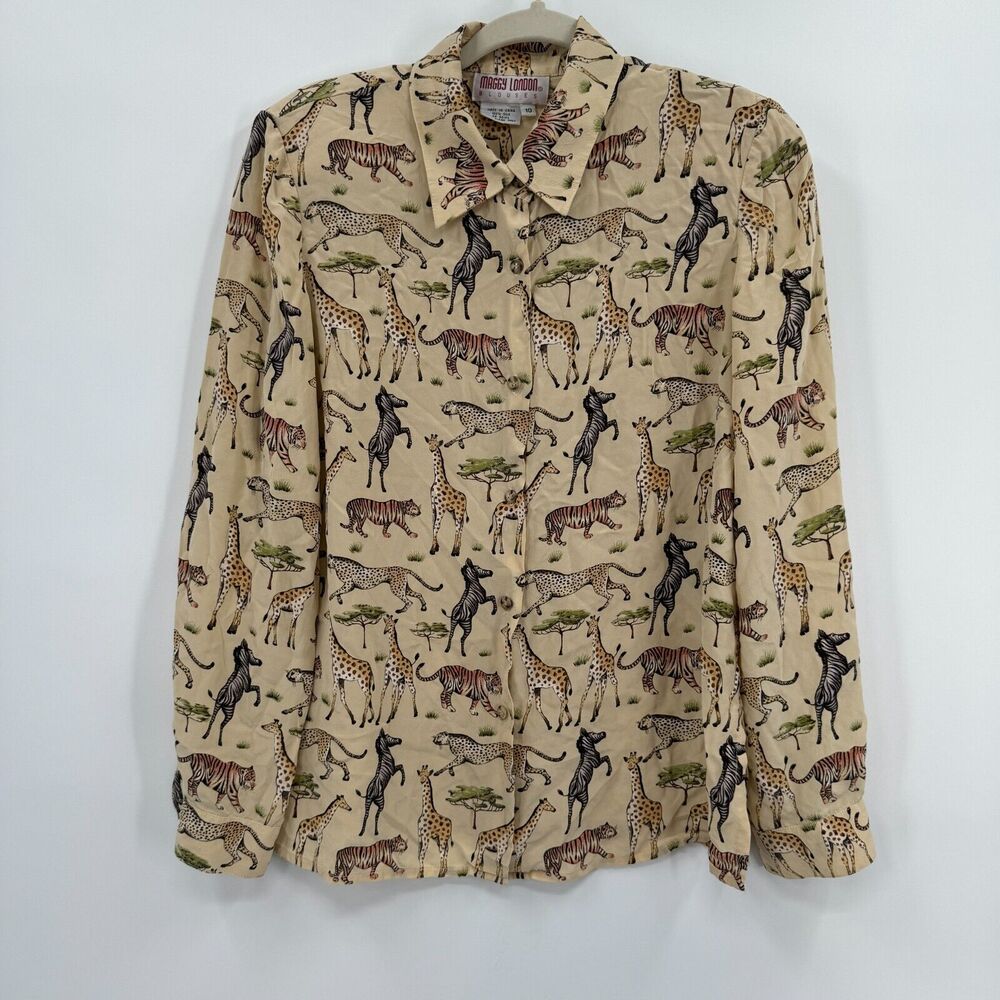 Vintage 80s Maggy London 10 Silk Blouse Safari Animal Print Button Up Collar